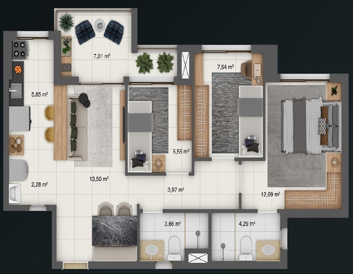 Tipo C1 - 65,47 m² - 3 Quartos (sendo 1 suíte) | Varanda | 1 ou 2 Vagas