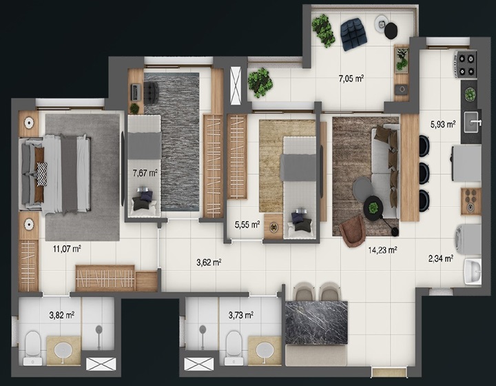 Tipo C2 - 65,01 m² 3 Quartos (sendo 1 suíte) | Varanda | 1 ou 2 Vagas