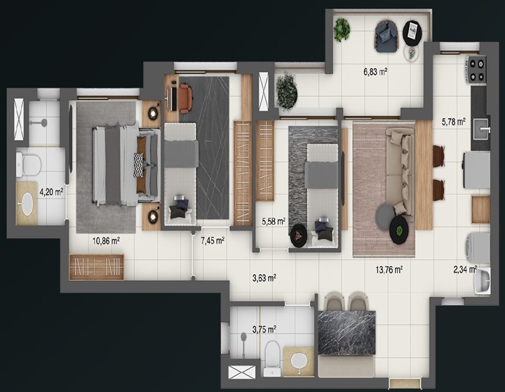 Tipo C3 - 64,18 m² - 3 Quartos (sendo 1 suíte) | Varanda | 1 ou 2 Vagas