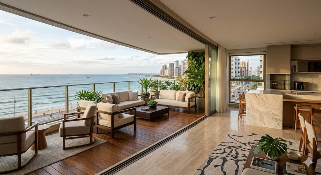 Apartamento de alto padrão no Meireles em Fortaleza com varanda gourmet integrada e vista para o mar.