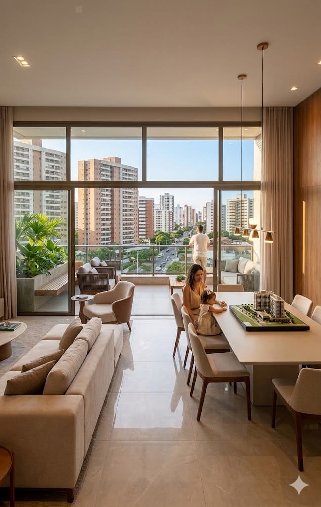 Apartamento de médio padrão integrado com sala de jantar e varanda na Cidade dos Funcionários em Fortaleza.