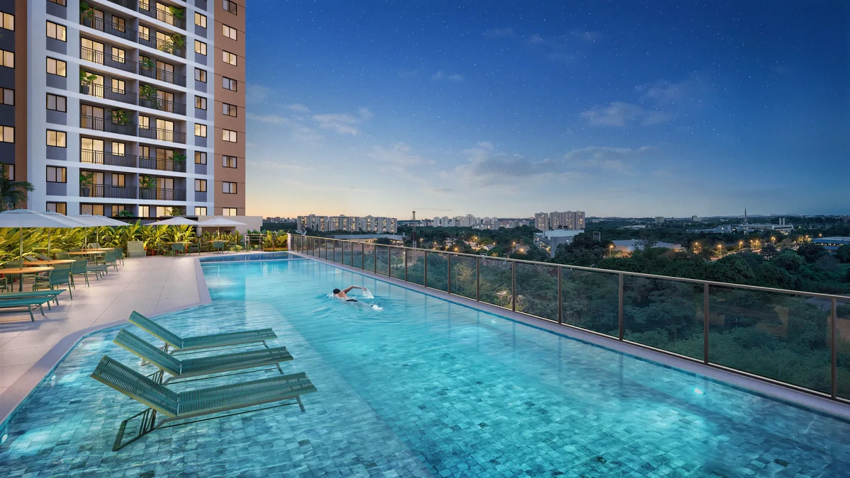 Piscina de adulto com raia e deck molhado com vista panorâmica do condomínio Inc Green Cambeba da construtora Diagonal.