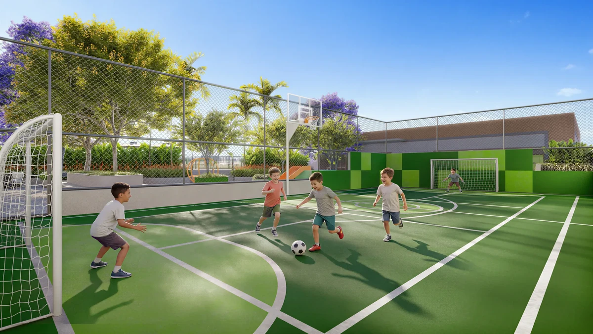 Quadra poliesportiva infantil com demarcação de futebol e basquete no condomínio Inc Green Cambeba da construtora Diagonal.