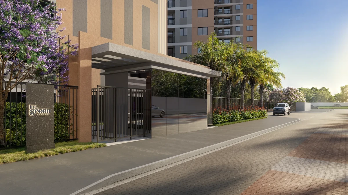 Acesso de pedestres e fachada imponente do condomínio residencial Inc. Green Cambeba, com design contemporâneo e integrado à natureza.