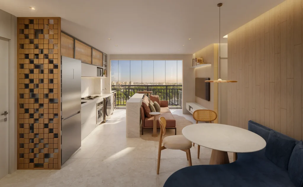 Apartamento decorado do Inc Green Cambeba com living integrado e cozinha moderna