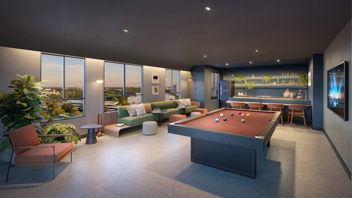 Espaço Pub e jogos do Inc. Green Cambeba com mesa de sinuca oficial, bar privativo, sofás de couro e ambiente climatizado para receber amigos.