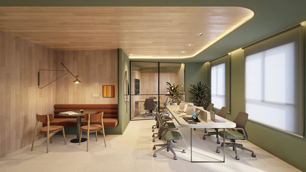 Espaço Coworking funcional no Inc. Green Cambeba, equipado com mesas de reunião, cadeiras ergonômicas e estações de trabalho privativas.