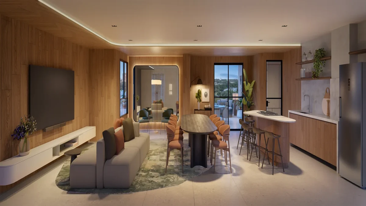 Sky Lounge interno do Inc. Green Cambeba, com decoração requintada, painéis de madeira, cozinha gourmet de apoio e poltronas de design.