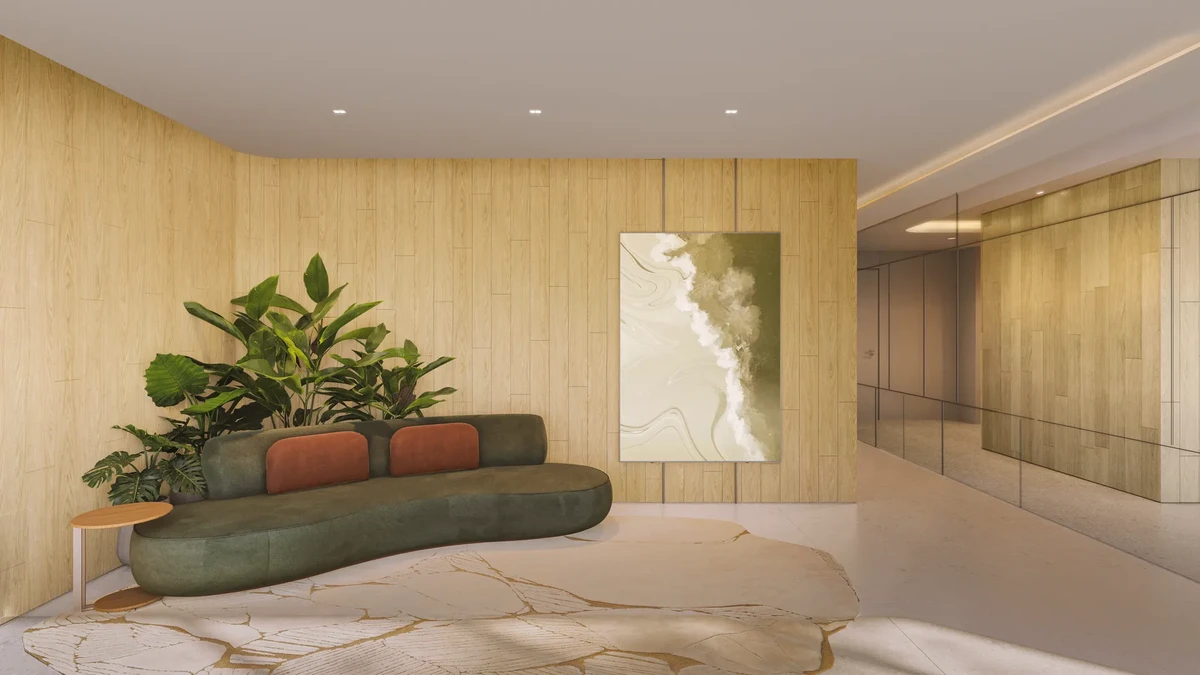 Lobby principal de entrada do Inc. Green Cambeba com pé-direito duplo, poltronas confortáveis, plantas ornamentais e acabamentos nobres em madeira e mármore.